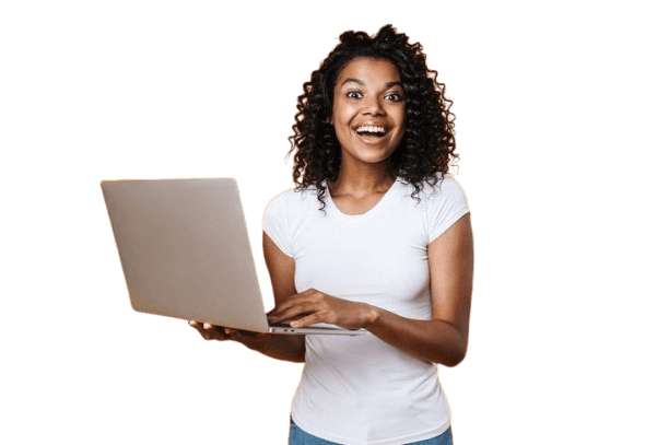 Happy teacher with laptop